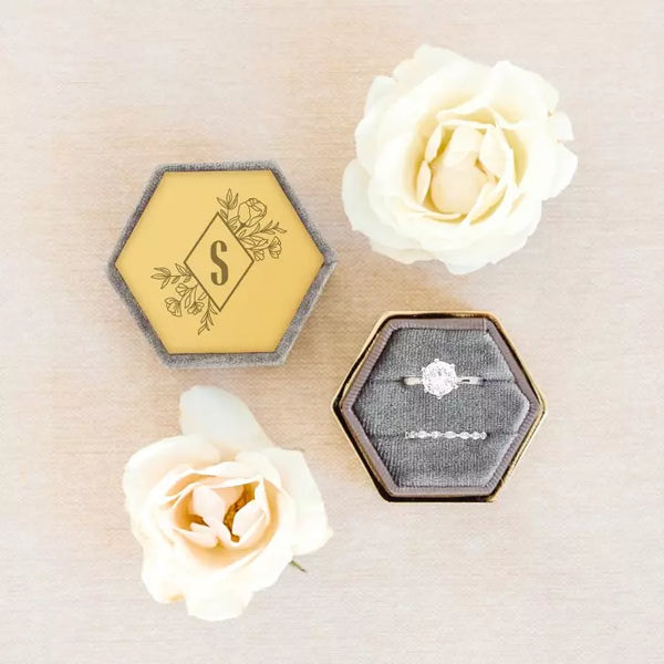 Personalized Velvet Hexagon Wedding Ring Box - Floral Monogram