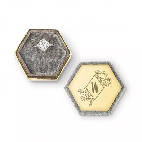 Personalized Velvet Hexagon Wedding Ring Box - Floral Monogram