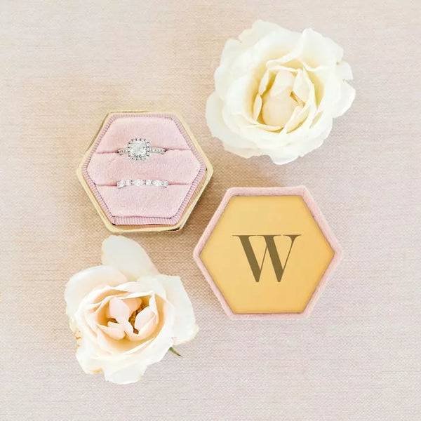 Personalized Velvet Hexagon Wedding Ring Box - Modern Serif Monogram