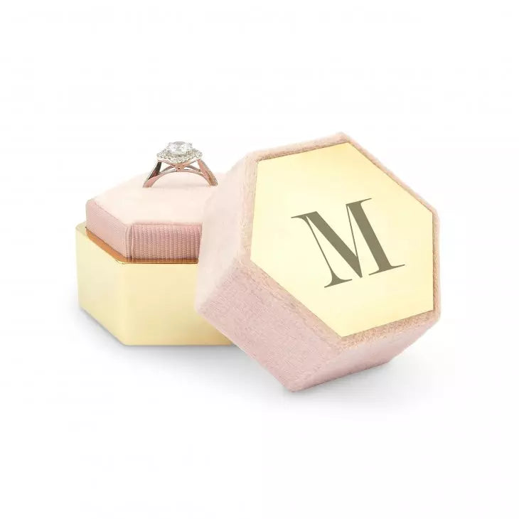 Personalized Velvet Hexagon Wedding Ring Box - Modern Serif Monogram