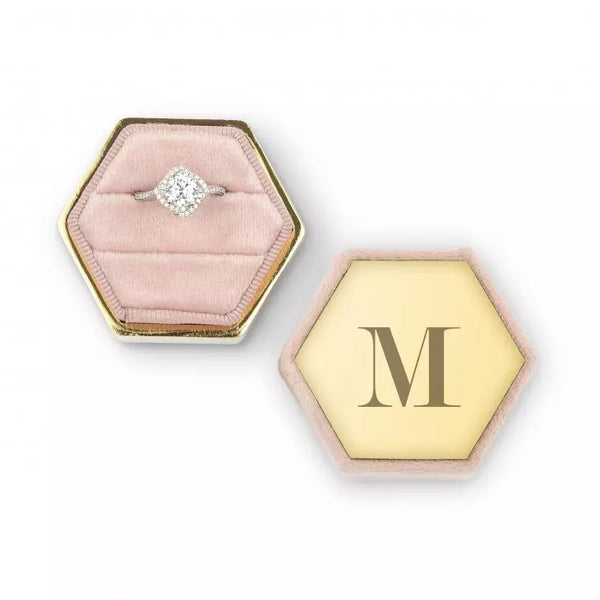 Personalized Velvet Hexagon Wedding Ring Box - Modern Serif Monogram