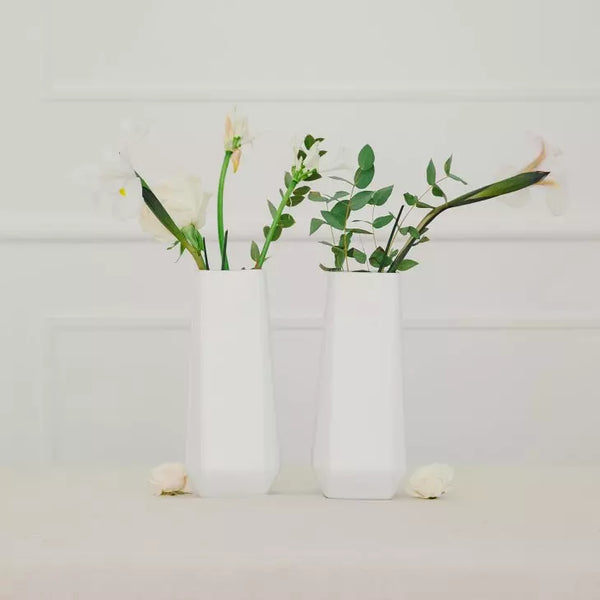 Tall Geometric Faceted Ceramic Flower Vases - White - Set of 2