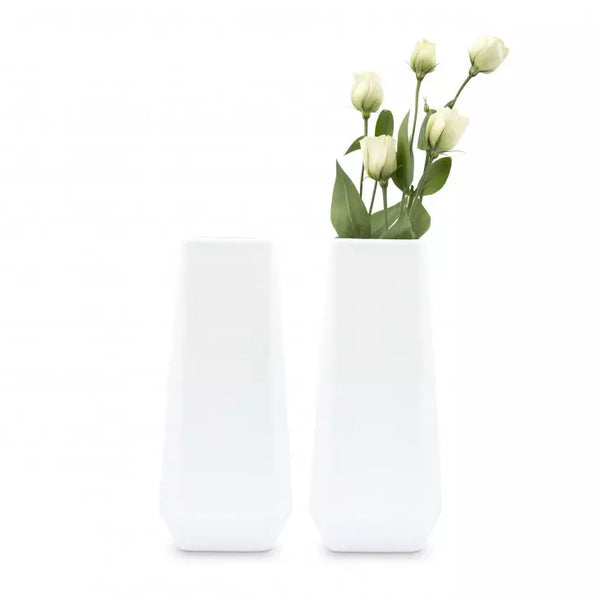 Tall Geometric Faceted Ceramic Flower Vases - White - Set of 2