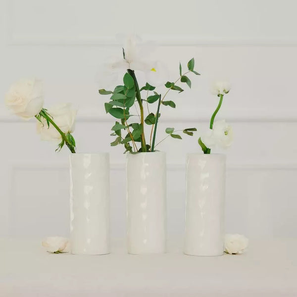 Tall Dimpled Cylindrical Ceramic Flower Vase - White - Set of 3