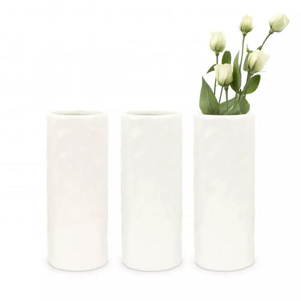 Tall Dimpled Cylindrical Ceramic Flower Vase - White - Set of 3