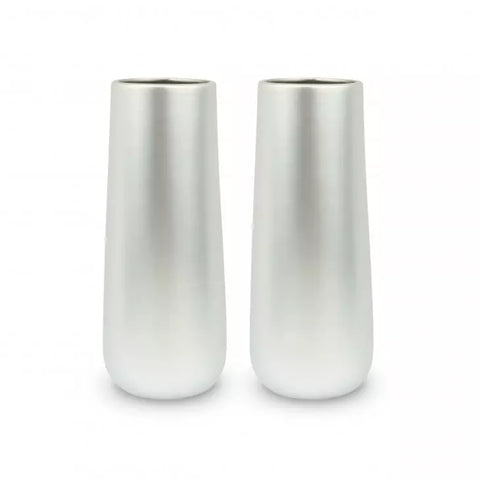 Tall Thin Metallic Chrome Flower Vases - Brushed Silver - Set of 2