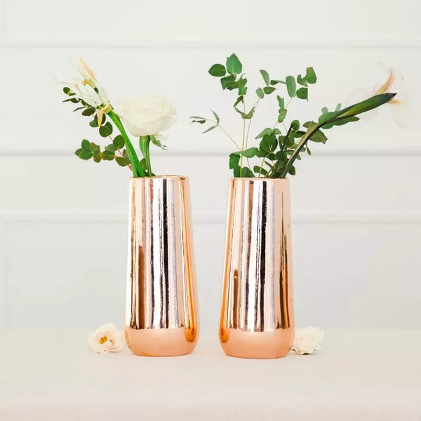 Tall Thin Metallic Chrome Flower Vases - Copper - Set of 2