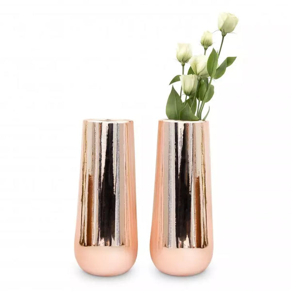 Tall Thin Metallic Chrome Flower Vases - Copper - Set of 2