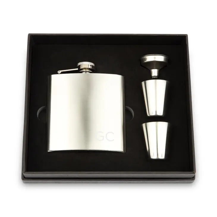 Engraved 6 oz. Stainless Steel Hip Flask Gift Box Set - Initials