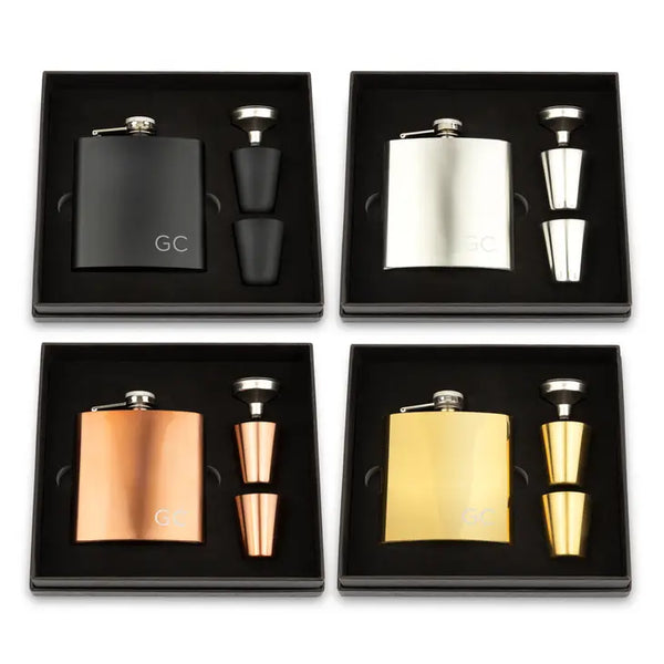 Engraved 6 oz. Stainless Steel Hip Flask Gift Box Set - Initials