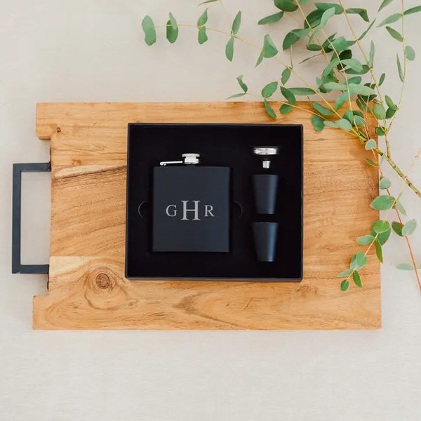 Engraved 6 oz. Stainless Steel Hip Flask Gift Box Set - Traditional Monogram