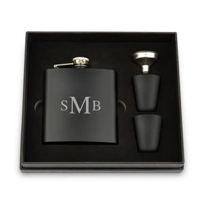 Engraved 6 oz. Stainless Steel Hip Flask Gift Box Set - Traditional Monogram