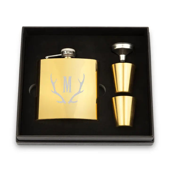 Engraved 6 oz. Stainless Steel Hip Flask Gift Box Set - Antler Monogram