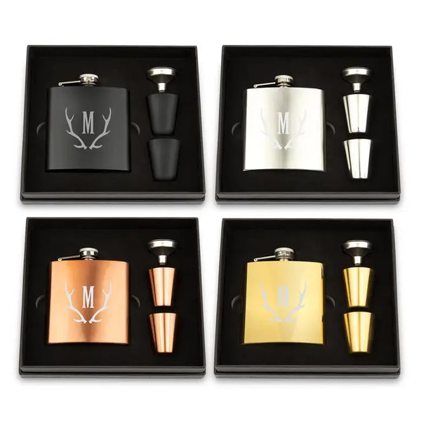 Engraved 6 oz. Stainless Steel Hip Flask Gift Box Set - Antler Monogram