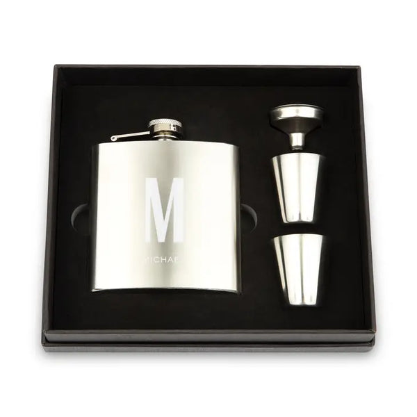 Engraved 6 oz. Stainless Steel Hip Flask Gift Box Set - Sans Serif Monogram