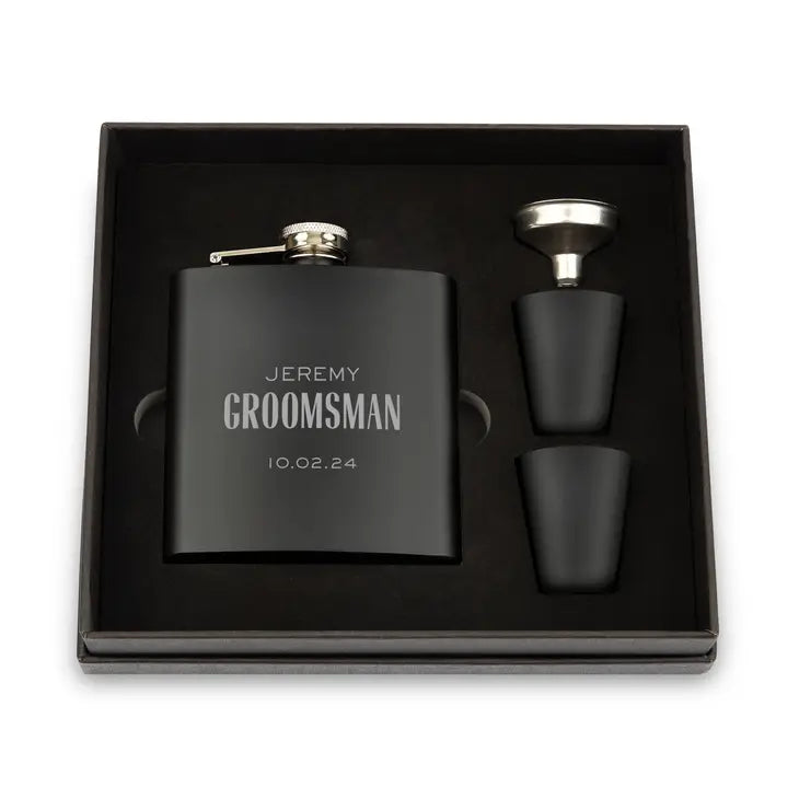 Engraved 6 oz. Stainless Steel Hip Flask Gift Box Set - Modern Groomsman