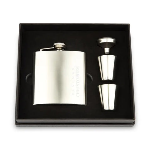 Engraved 6 oz. Stainless Steel Hip Flask Gift Box Set - Vertical Best Man