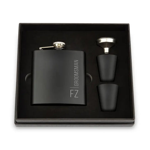 Engraved 6 oz. Stainless Steel Hip Flask Gift Box Set - Vertical Monogram & Text