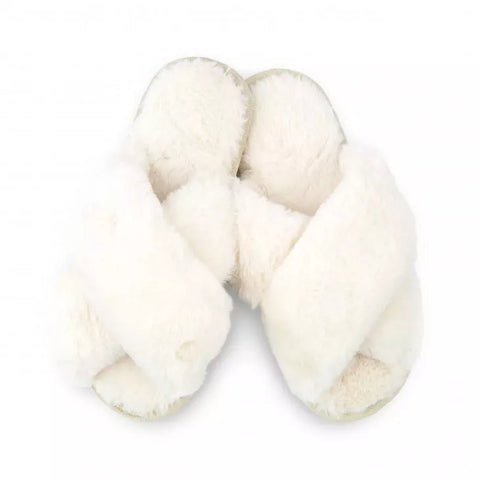 Plush Crossband Slide House Slippers - White