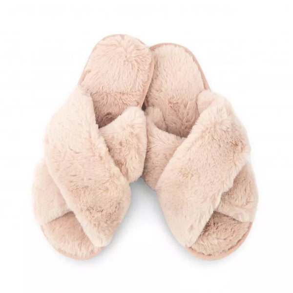 Plush Crossband Slide House Slippers - Blush Pink