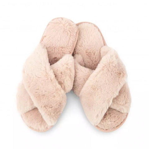 Plush Crossband Slide House Slippers - Blush Pink