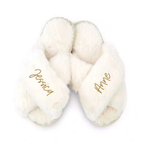 Custom Printed Plush Crossband Slide House Slippers - Custom Script Text