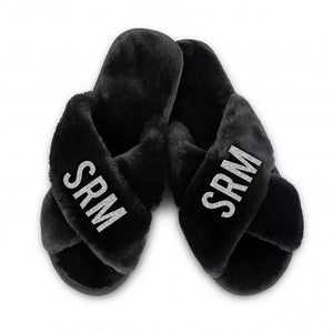 Custom Printed Plush Crossband Slide House Slippers - Sans Serif Monogram