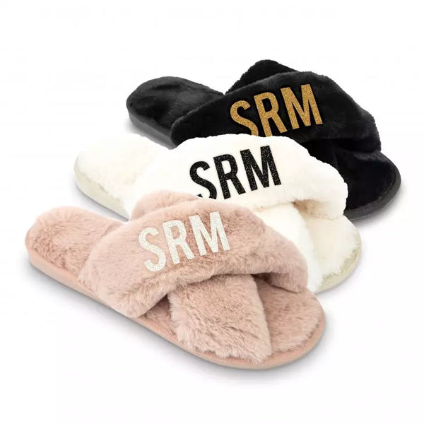 Custom Printed Plush Crossband Slide House Slippers - Sans Serif Monogram