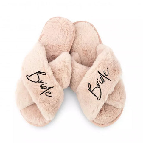 Custom Printed Plush Crossband Slide House Slippers - Bride