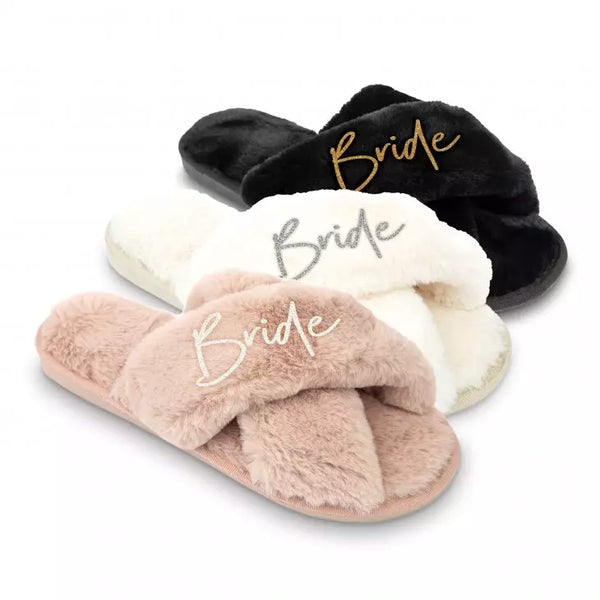 Custom Printed Plush Crossband Slide House Slippers - Bride