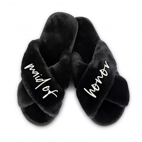 Custom Printed Plush Crossband Slide House Slippers - Maid of Honor