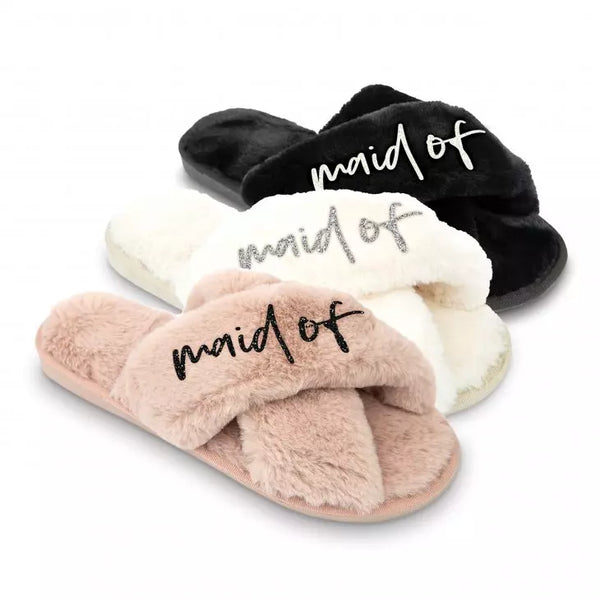 Custom Printed Plush Crossband Slide House Slippers - Maid of Honour