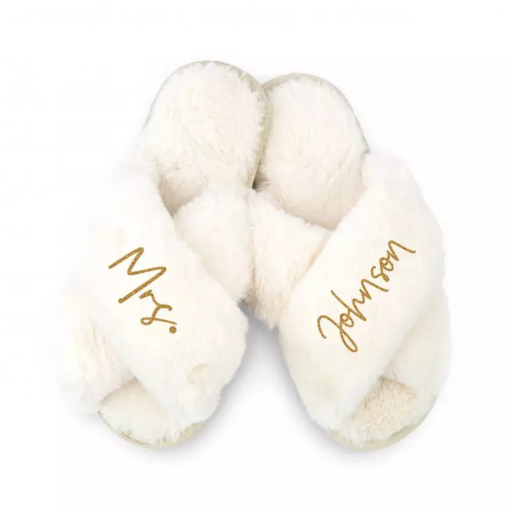 Custom Printed Plush Crossband Slide House Slippers - Mrs.