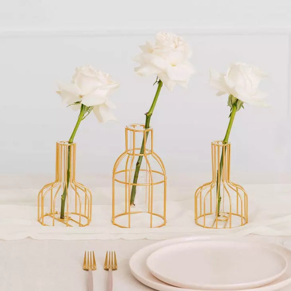 Geometric Metal Wire & Glass Test Tube Flower Vases - Gold - Set of 3