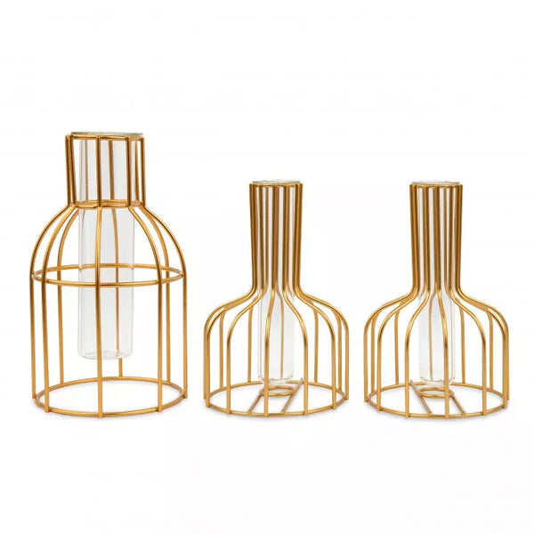 Geometric Metal Wire & Glass Test Tube Flower Vases - Gold - Set of 3