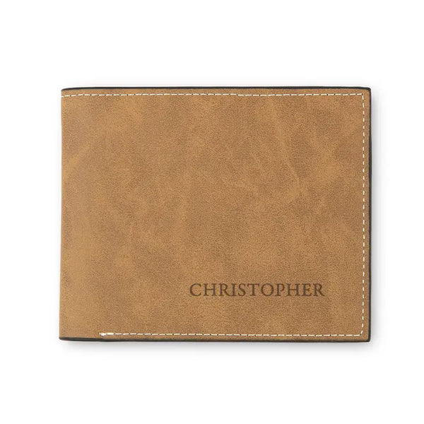 Men’s Custom Engraved Brown Faux Leather Wallet - Serif Font