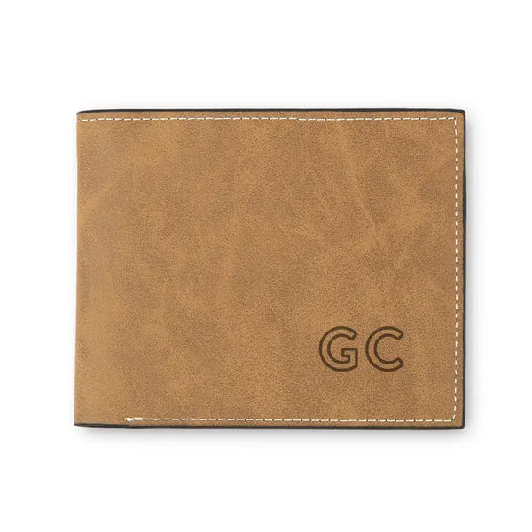 Men’s Custom Engraved Brown Faux Leather Wallet - Line Initials