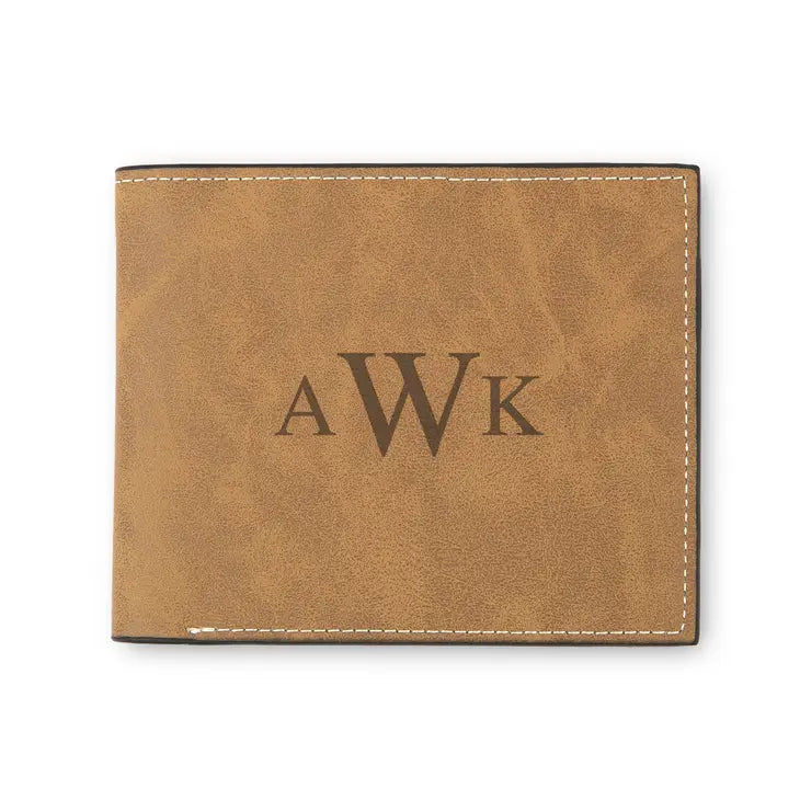 Men’s Custom Engraved Brown Faux Leather Wallet - Traditional Monogram