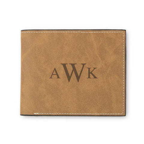 Men’s Custom Engraved Brown Faux Leather Wallet - Traditional Monogram