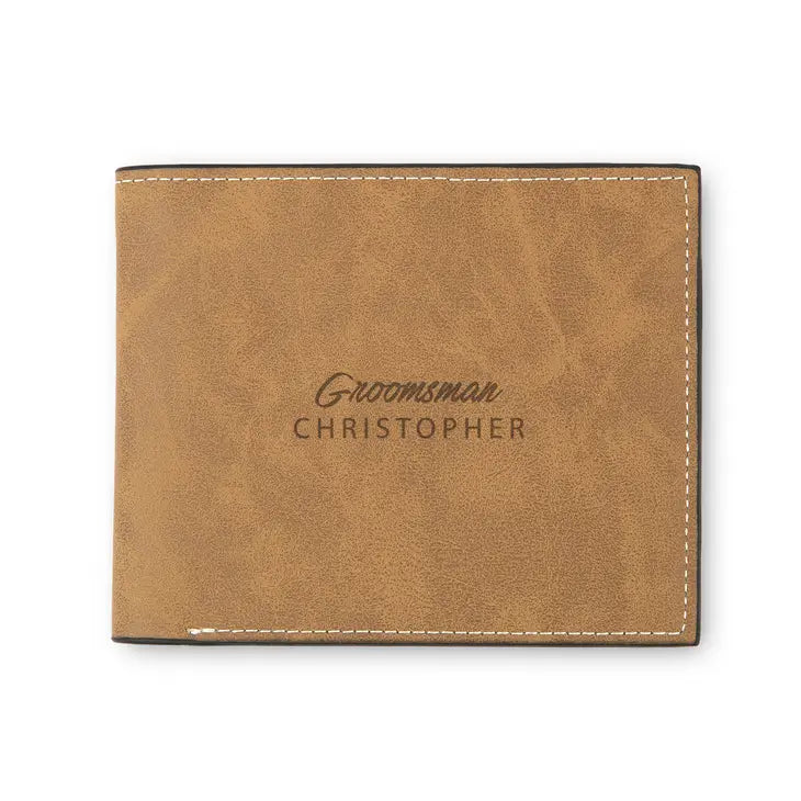 Men’s Custom Engraved Brown Faux Leather Wallet - Groomsman Cursive