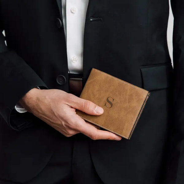 Men’s Custom Engraved Brown Faux Leather Wallet - Modern Serif Monogram