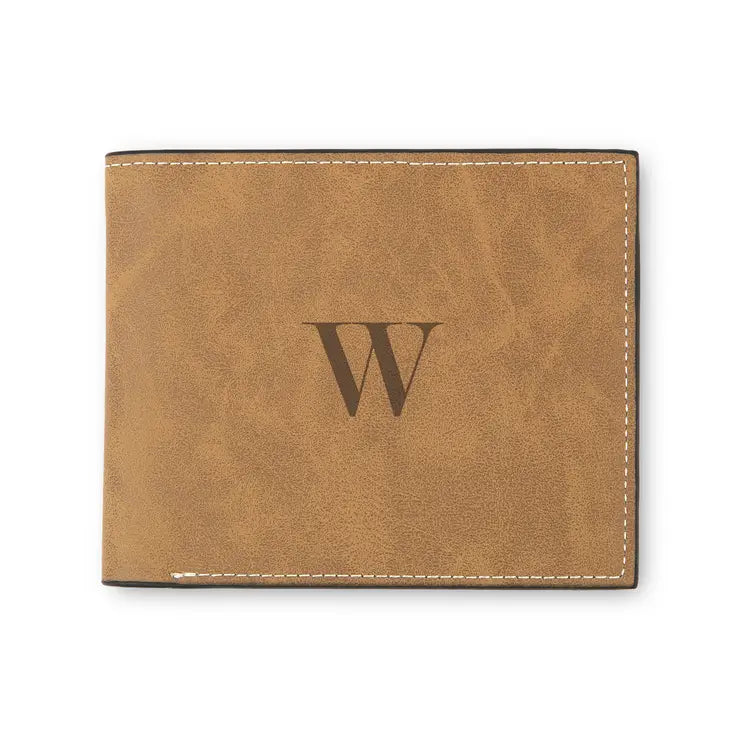 Men’s Custom Engraved Brown Faux Leather Wallet - Modern Serif Monogram