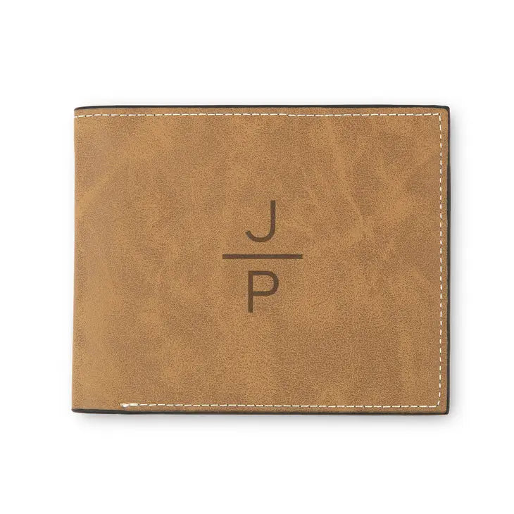 Men’s Custom Engraved Brown Faux Leather Wallet - Stacked Monogram