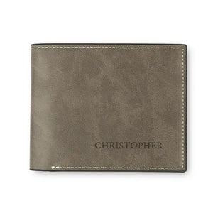 Men’s Custom Engraved Gray Faux Leather Wallet - Serif Font