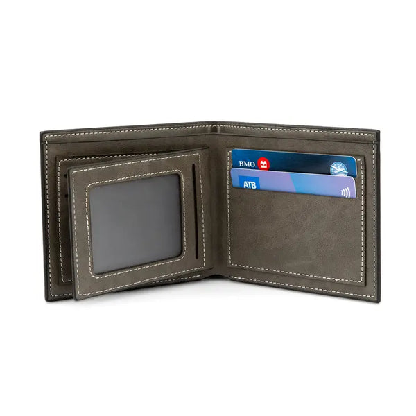 Men’s Custom Engraved Gray Faux Leather Wallet - Serif Font