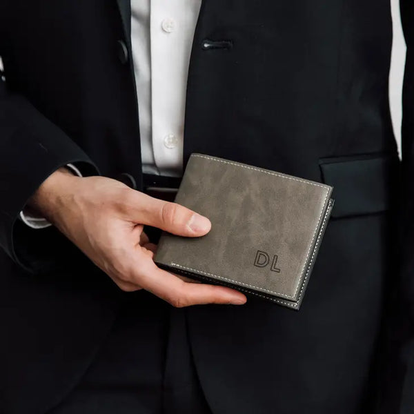 Men’s Custom Engraved Gray Faux Leather Wallet - Line Initials