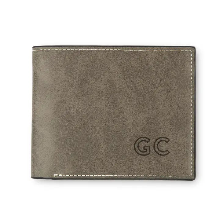 Men’s Custom Engraved Gray Faux Leather Wallet - Line Initials