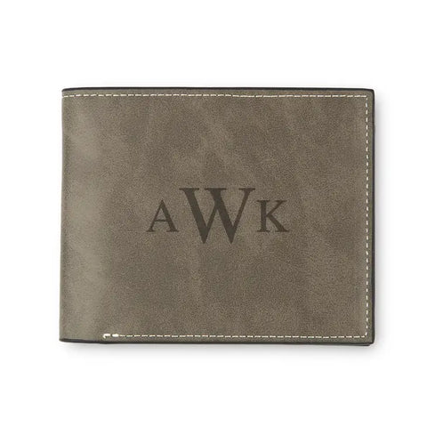 Men’s Custom Engraved Gray Faux Leather Wallet - Traditional Monogram