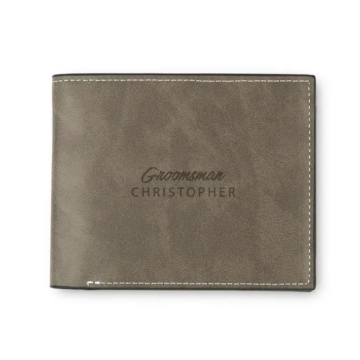 Men’s Custom Engraved Gray Faux Leather Wallet - Groomsman Cursive