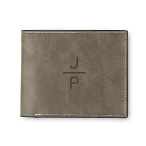 Men’s Custom Engraved Gray Faux Leather Wallet - Stacked Monogram